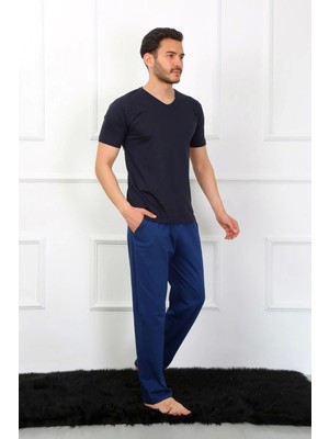 Erkek Penye 3'lü Lacivert V Yaka Pijama Takımı