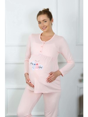 Kadın Uzun Kol Hamile Lohusa Pijama Takımı Pudra
