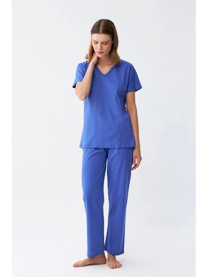 Kadın Kısa Kol Pamuk Penye Pijama Takım Saks