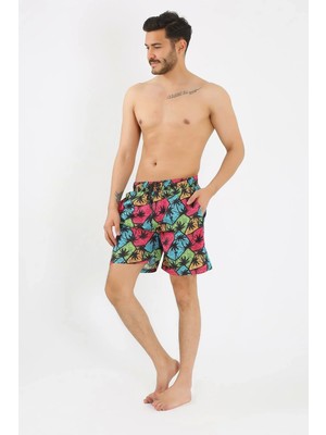 Erkek Desenli Fermuar Cepli Deniz Şortu Siyah