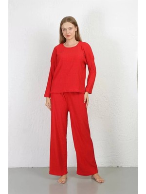Kadın Bürümcük Kumaş Pijama Takım Kırmızı