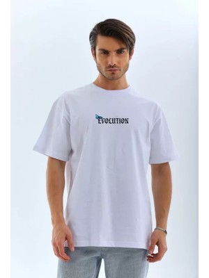 Unisex Bisiklet Yaka Baskılı Oversize T-Shirt - Beyaz