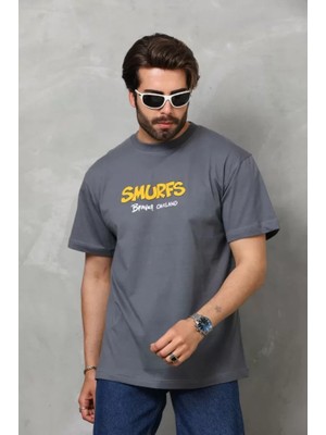 Unisex Basic Bisiklet Yaka Oversize T-Shirt - Füme