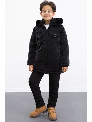 Siyah Çıtçıtlı Göğüs Cepli Içi Kürklü Erkek Çocuk Kapüşonlu Mont 21349