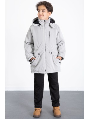 Gri Fermuarlı Göğüs Cepli Içi Kürklü Erkek Çocuk Kapüşonlu Mont 21355