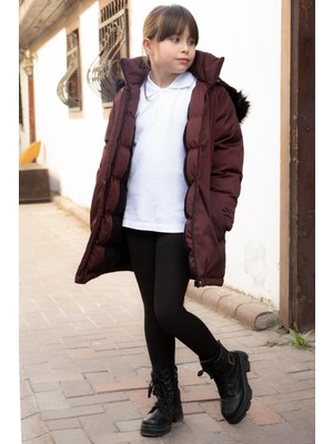Bordo Kürklü Içi Astarlı Çıkarılabilir Kapüşonlu Kız Çocuk Mont 21550