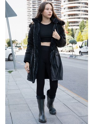 Siyah Cep Detaylı Içi Kürklü Çıkarılabilir Kapüşonlu Kız Çocuk Şişme Mont 21337