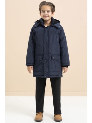 Lacivert Içi Kürklü Çıtçıtlı Cepli Uzun Kesim Erkek Çocuk Kapüşonlu Şişme Mont 21446
