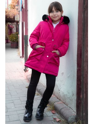 Pembe Kapaklı Cepli Içi Kürklü Çıkarılabilir Kapüşonlu Kız Çocuk Şişme Mont 21483