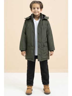 Haki Içi Kürklü Çıtçıtlı Cepli Uzun Kesim Erkek Çocuk Kapüşonlu Şişme Mont 21445