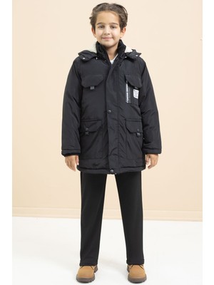 Cansın Mini Siyah Yazı Detaylı Erkek Çocuk Kapüşonlu Şişme Mont 21475 Su İtici Özellikli Regular Fit