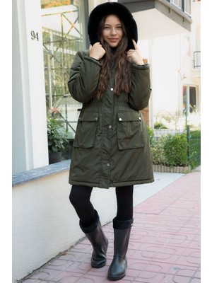 Haki Kapaklı Cepli Içi Kürklü Çıkarılabilir Kapüşonlu Kız Çocuk Şişme Mont 21481