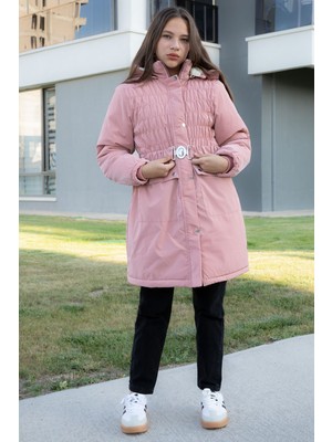 Pembe Kemerli Nubuk Kumaş Kız Çocuk Içi Kürklü Kapüşonlu Şişme Mont 21312