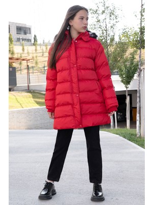 Kırmızı Içi Kürklü Çıtçıtlı Kapüşonlu Kız Çocuk Şişme Mont 21321