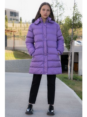 Lila Içi Kürklü Çıtçıtlı Kapüşonlu Kız Çocuk Şişme Mont 21322