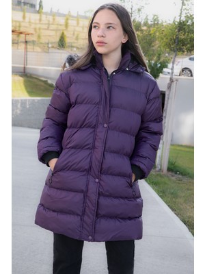Mor Içi Kürklü Çıtçıtlı Kapüşonlu Kız Çocuk Şişme Mont 21325