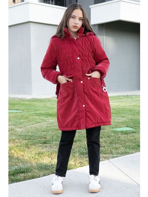 Bordo Kemerli Nubuk Kumaş Kız Çocuk Içi Kürklü Kapüşonlu Şişme Mont 21314