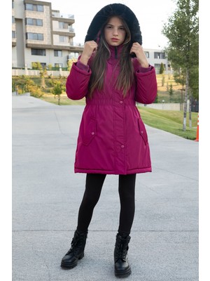 Fuşya Çıtçıtlı Cepli Esnek Bel Içi Kürklü Kız Çocuk Kapüşonlu Mont 21304