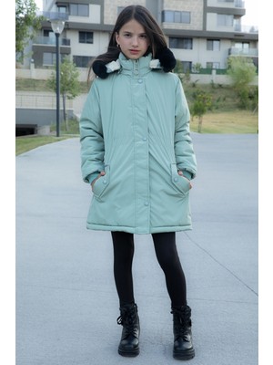 Yeşil Çıtçıtlı Cepli Esnek Bel Içi Kürklü Kız Çocuk Kapüşonlu Mont 21303