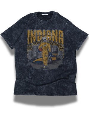 Unisex Indiana Yazılı Yıkamalı T-Shirt, Oversize Basketbol Temalı Vintage Tişört