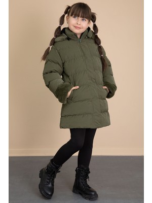 Haki Kolu Kürk Detaylı Içi Yünlü Kız Çocuk Kapüşonlu Şişme Mont 21328