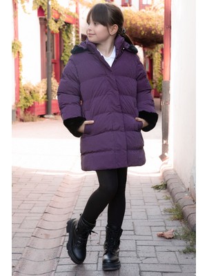 Mor Kolu Kürk Detaylı Içi Yünlü Kız Çocuk Kapüşonlu Şişme Mont 21327