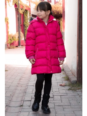 Fuşya Içi Kürklü Çıtçıtlı Kapüşonlu Kız Çocuk Şişme Mont 21323