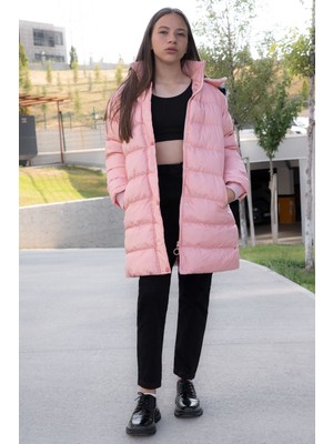 Somon Içi Kürklü Çıtçıtlı Kapüşonlu Kız Çocuk Şişme Mont 21320