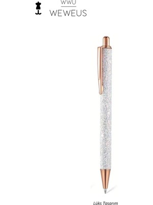 Weweus Lüks Tükenmez Kalem Beyaz Simli Rose Detaylı 14.3 cm Uzunlukta Şık Tasarım