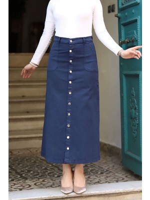 Boydan Düğmeli Gabardin Etek Lacivert