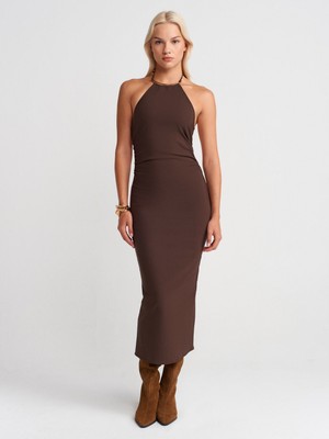 91518 Halter Yaka Midi Elbise-Kahve