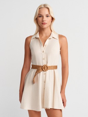 90925 Kemerli Mini Elbise-Ekru