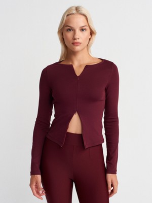 31993 Fermuar Detaylı Uzun Kollu Top-Bordo