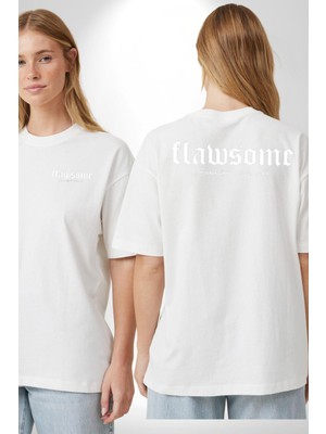 Kusurlu Yazılı Cep Sırt Baskılı Pamuklu Penye Kadın Erkek Beyaz Tişört