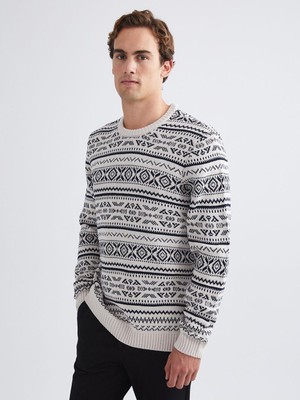 Bisiklet Yaka Desenli Erkek Triko Kazak  (W5)