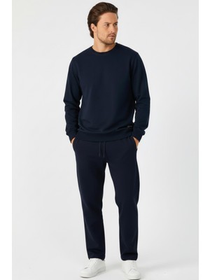 Lacivert Relaxed Fit Bisiklet Yaka Sweatshirt Düz Paça Erkek Eşofman Takımı