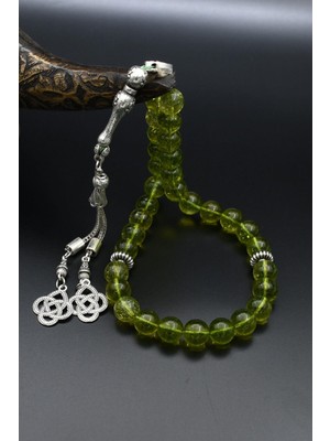 Doğal Peridot Taşlı 33'lük Tesbih Metal Püsküllü 10MM Küre Kesim 902256