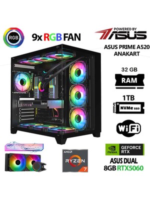Asus Prime X5 Ryzen 7 5700X 32GB  Ram 1tb M.2 Nvme SSD 8gb RTX5060 Sıvı Soğutmalı Oyuncu Tavsiye Sistem