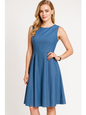 Kadın Mavi Sıfır Kol Yuvarlak Yaka Elbise