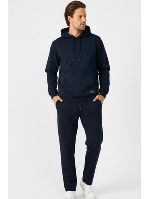 Lacivert Regular Fit Kapüşonlu Cepli Sweatshirt Düz Paça Erkek Eşofman Takımı