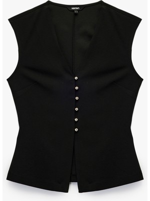 Krep Scuba Kumaş Slim Fit Peplum Kesim Düğmeli V Yaka Yelek