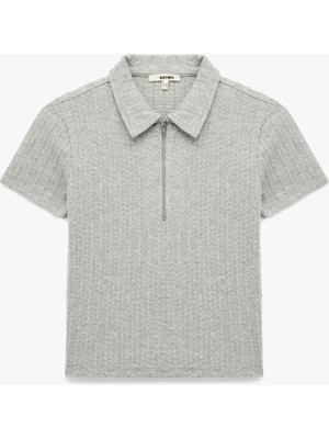 Slim Fit Saç Örgü Dokulu Kısa Kollu Fermuarlı Polo Yaka Tişört