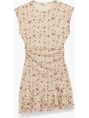 Kolsuz Asimetrik Bisiklet Yaka Drapeli Mini Çiçekli Elbise