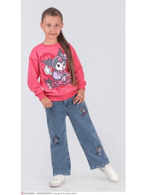 Pjk2ikt Kuromi Desenli 2 Ip %100 Pamuk Kız Çocuk Kot Pantolonlu Takımı 3-10 Yaş 8224