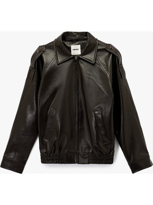 Uzun Kollu Cepli Fermuarlı Suni Deri Ceket