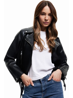 Cepli Uzun Kollu Fermuarlı Kruvaze Suni Deri Biker Ceket