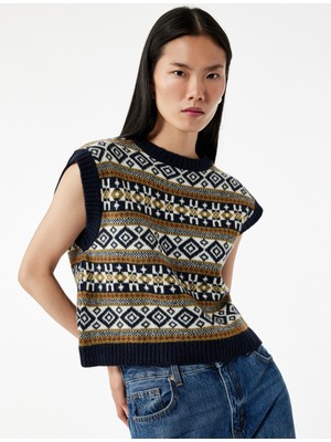 Etnik Desenli Kolsuz Bisiklet Yaka Triko Oversize Süveter