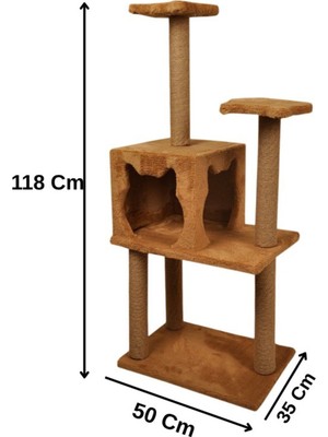 Pribor Üç Katlı Yuvalı Lüx Kedi Tırmalama Platformu ve Kedi Oyun Evi Kahverengi 118 cm