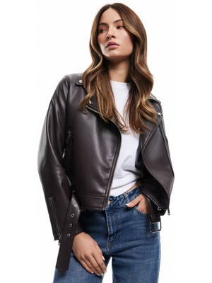 Cepli Uzun Kollu Fermuarlı Kruvaze Suni Deri Biker Ceket
