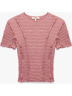 Slim Fit Kısa Kollu Bisiklet Yaka Dokulu Fırfırlı Tişört